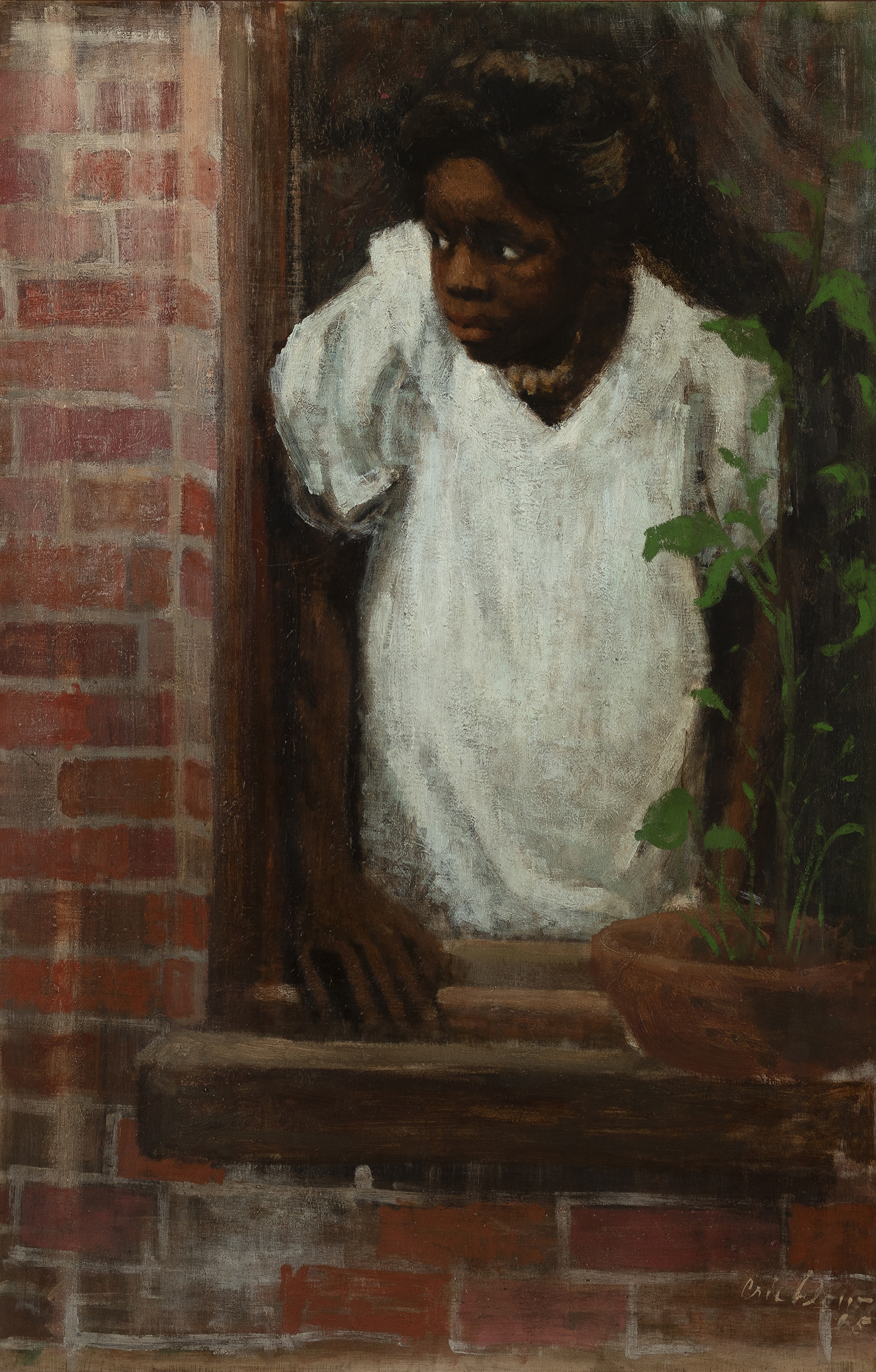 A Painting By Ernest Crichlow With A Girl At The Window.