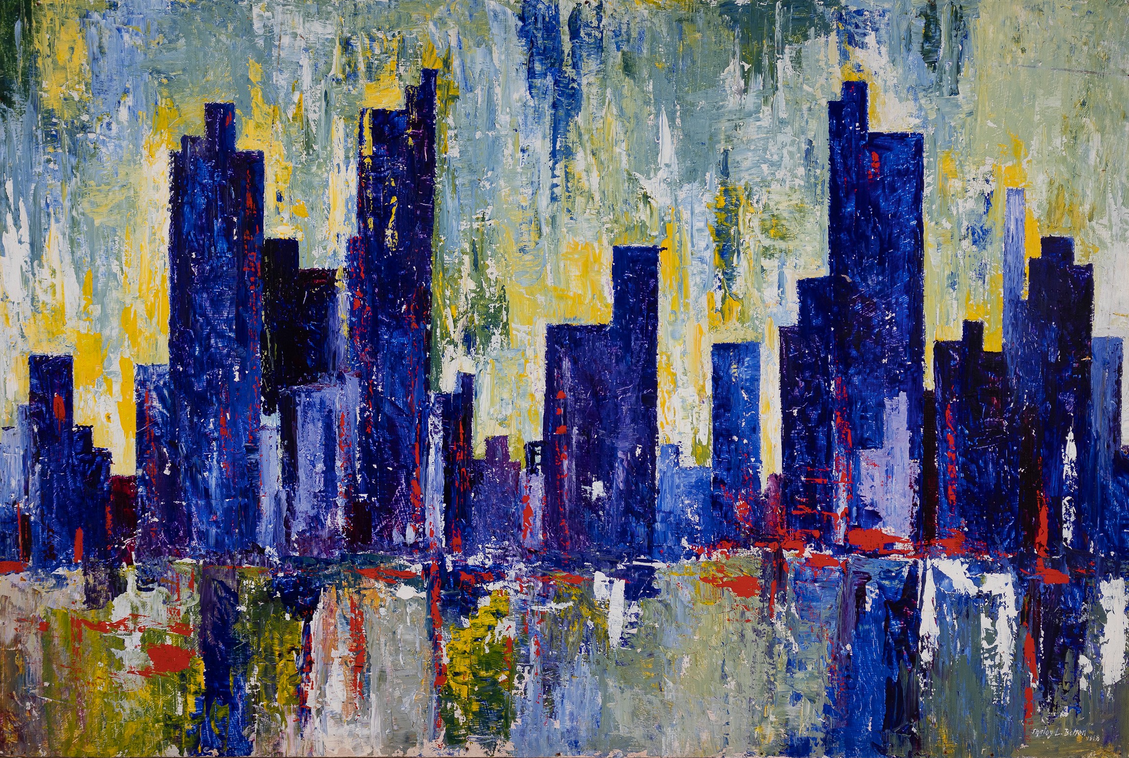 An Abstract Oil Painting Of A Cityscape.